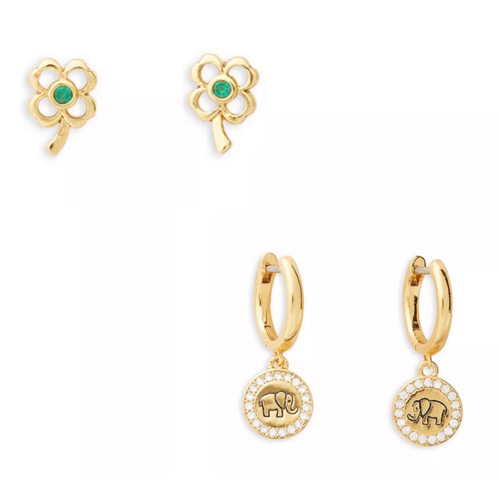 KATE SPADE • Wishes Luck Elephant Huggies Clover Earrings Set